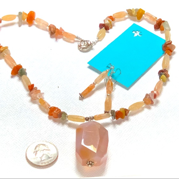 Jewelry - Handcrafted “Just Peachy” Sunstone & Agate Necklace & Earrings Set 925